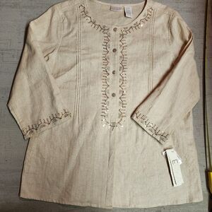 NWT Erika womens beige linen Shirt sparkly sequins sz S button down 3/4 sleeves